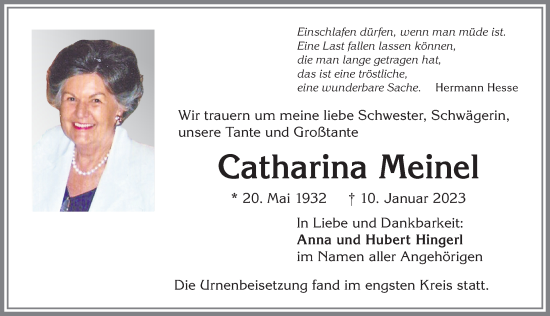 Traueranzeige von Catharina Meinel von Allgäuer Zeitung,Kempten