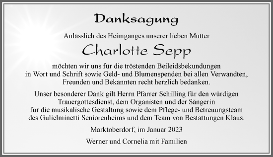 Traueranzeige von Charlotte Sepp von Allgäuer Zeitung, Marktoberdorf