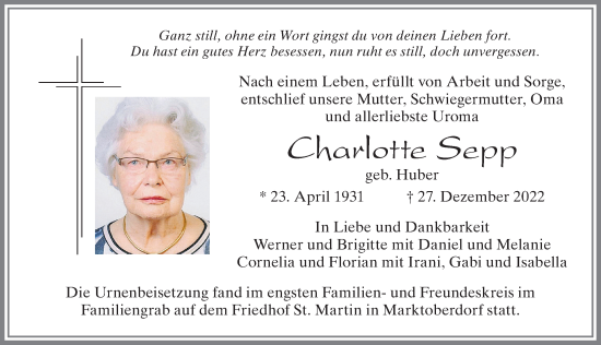 Traueranzeige von Charlotte Sepp von Allgäuer Zeitung, Marktoberdorf
