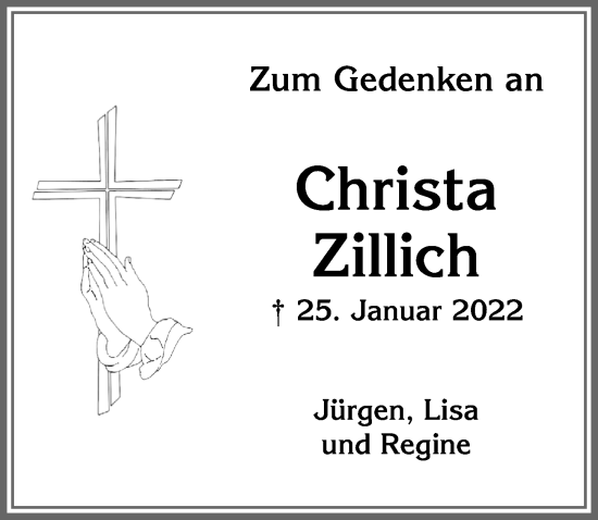 Traueranzeige von Christa Zillich von Allgäuer Zeitung, Marktoberdorf