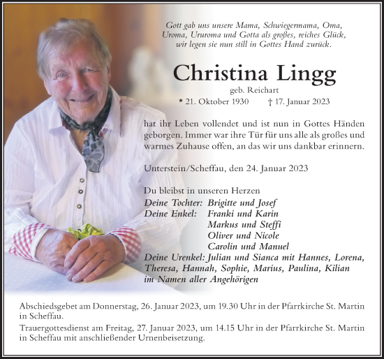 Traueranzeige von Christina Lingg von Der Westallgäuer