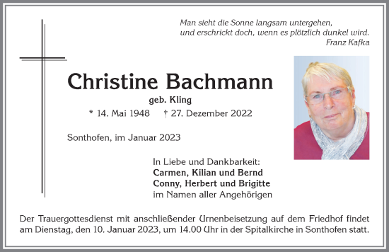 Traueranzeige von Christine Bachmann von Allgäuer Anzeigeblatt
