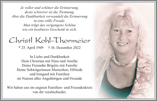 Traueranzeige von Christl Kohl-Thormeier von Allgäuer Zeitung, Füssen