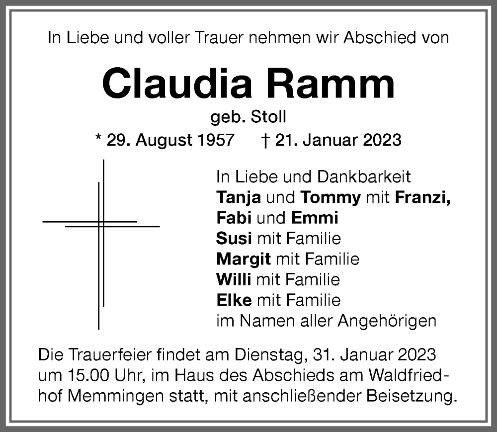  Traueranzeige für Claudia Ramm vom 27.01.2023 aus Memminger Zeitung