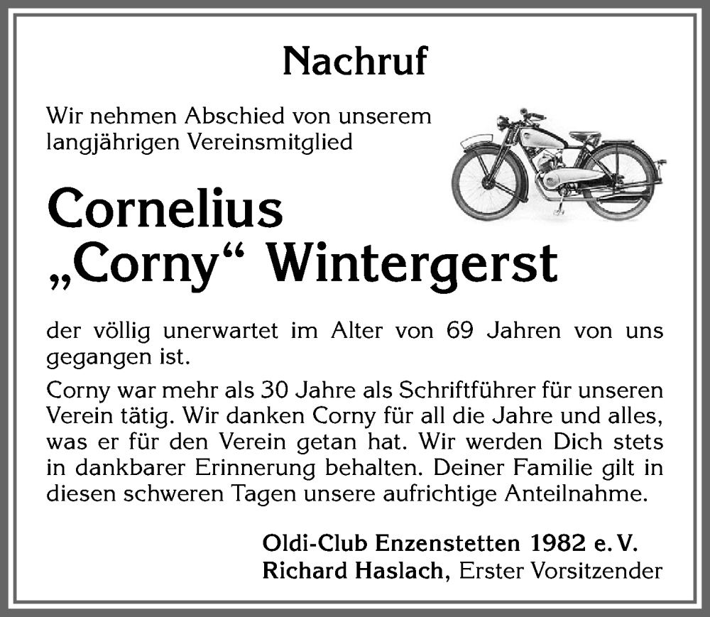 Traueranzeige für Cornelius Wintergerst vom 12.01.2023 aus Allgäuer Zeitung, Füssen