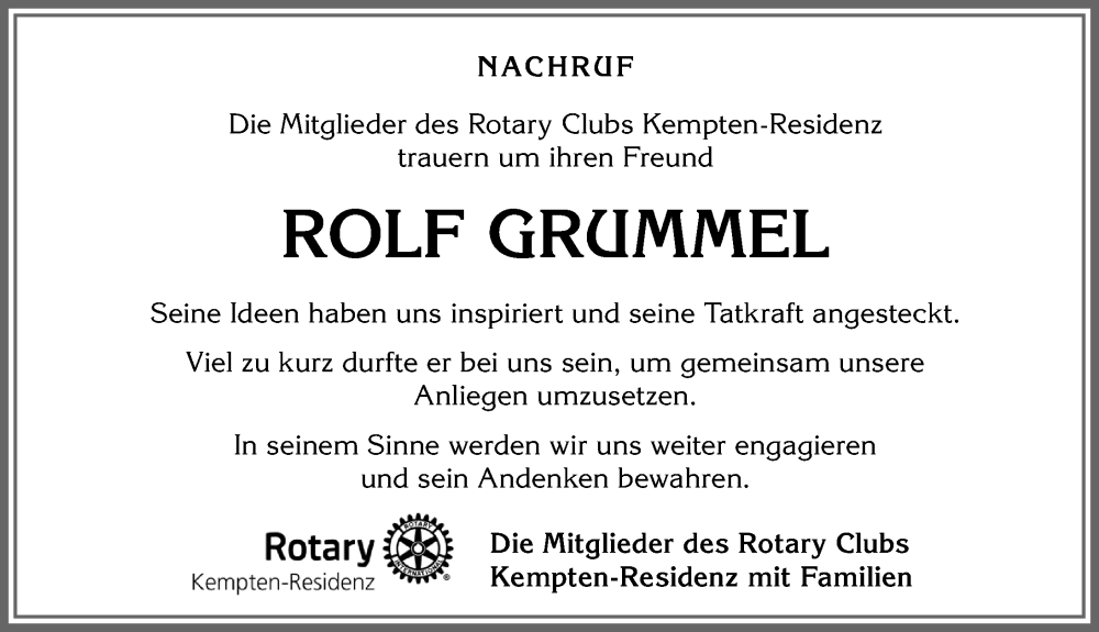  Traueranzeige für Rolf Grummel vom 13.01.2023 aus Allgäuer Zeitung