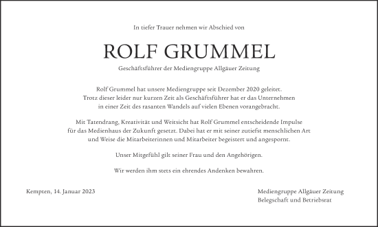 Traueranzeige von Rolf Grummel von Allgäuer Zeitung