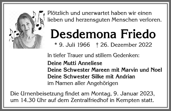 Traueranzeige von Desdemona Friedo von Allgäuer Zeitung,Kempten
