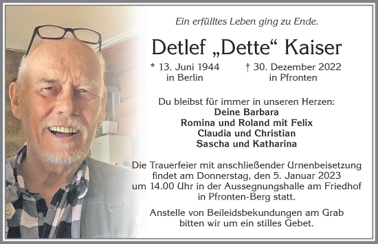Traueranzeige von Detlef Kaiser von Allgäuer Zeitung, Füssen