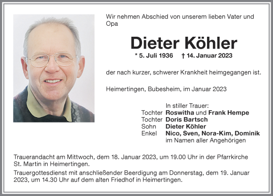 Traueranzeige von Dieter Köhler von Memminger Zeitung