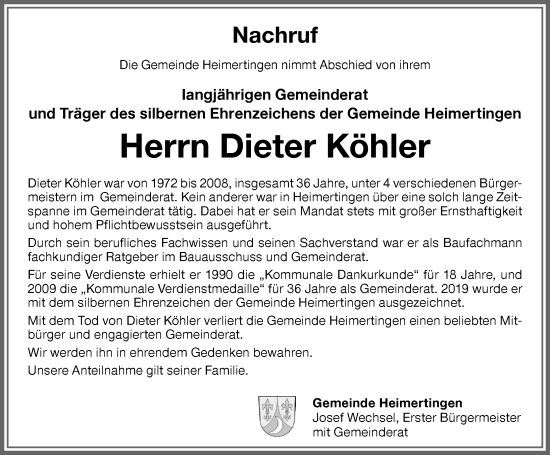 Traueranzeige von Dieter Köhler von Memminger Zeitung