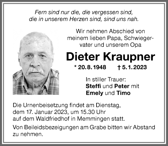 Traueranzeige von Dieter Kraupner von Memminger Zeitung
