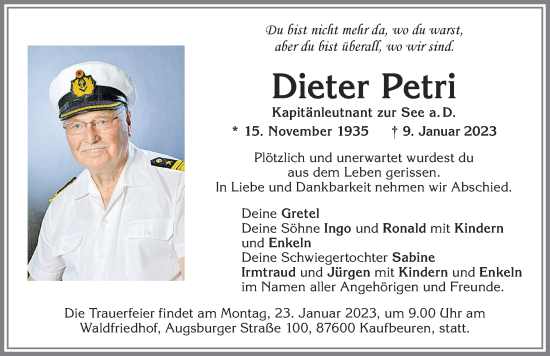 Traueranzeige von Dieter Petri von Allgäuer Zeitung, Kaufbeuren/Buchloe