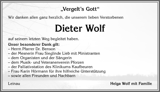 Traueranzeige von Dieter Wolf von Allgäuer Zeitung, Kaufbeuren/Buchloe