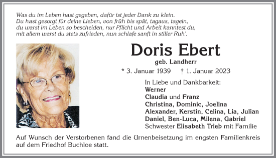 Traueranzeige von Doris Ebert von Allgäuer Zeitung, Kaufbeuren/Buchloe