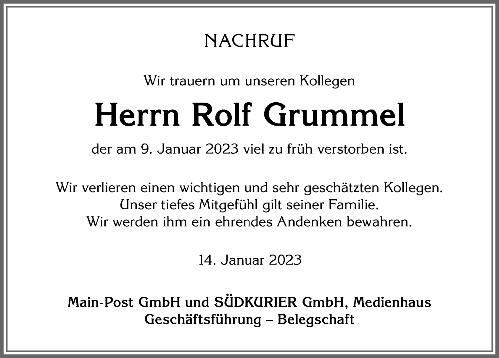  Traueranzeige für Rolf Grummel vom 13.01.2023 aus Allgäuer Zeitung
