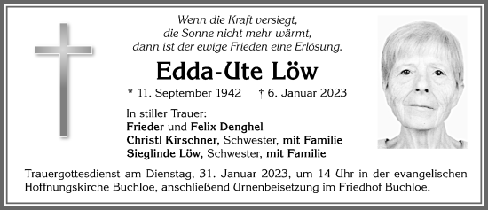 Traueranzeige von Edda-Ute Löw von Allgäuer Zeitung, Kaufbeuren/Buchloe