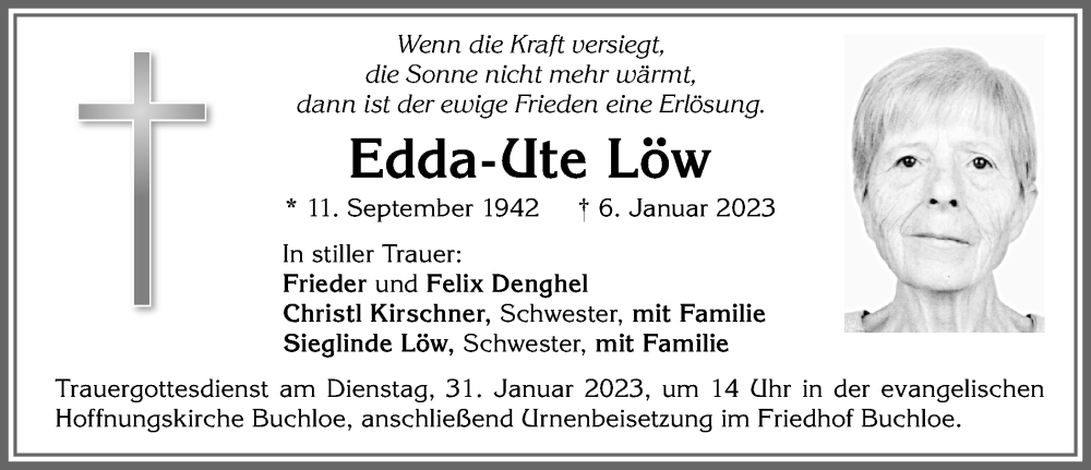  Traueranzeige für Edda-Ute Löw vom 28.01.2023 aus Allgäuer Zeitung, Kaufbeuren/Buchloe