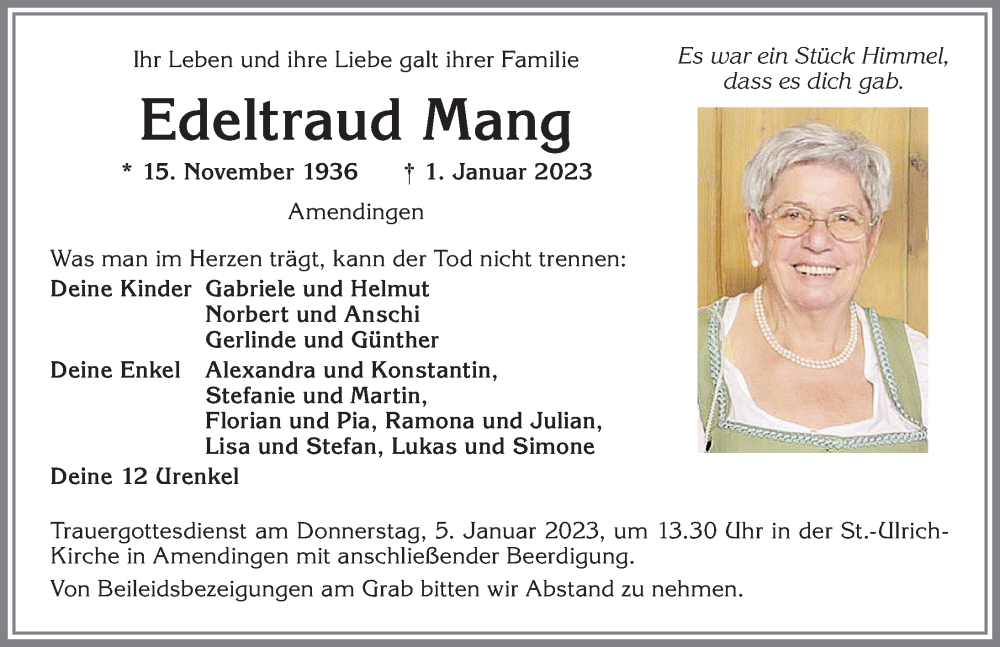  Traueranzeige für Edeltraud Mang vom 03.01.2023 aus Memminger Zeitung