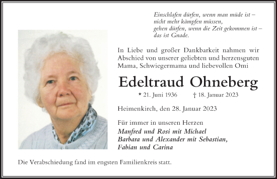 Traueranzeige von Edeltraud Ohneberg von Der Westallgäuer