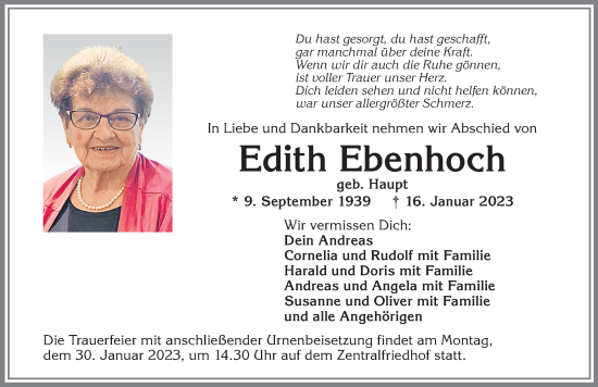 Traueranzeige von Edith Ebenhoch von Allgäuer Zeitung,Kempten
