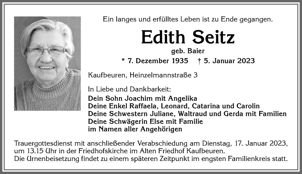  Traueranzeige für Edith Seitz vom 14.01.2023 aus Allgäuer Zeitung, Kaufbeuren/Buchloe
