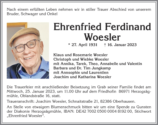 Traueranzeige von Ehrenfried Ferdinand Woesler von Allgäuer Zeitung, Füssen