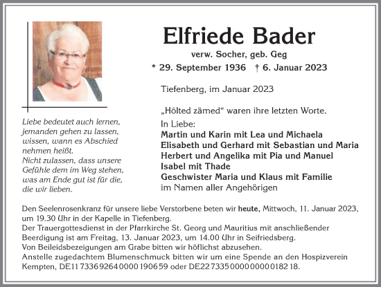 Traueranzeige von Elfriede Bader von Allgäuer Anzeigeblatt