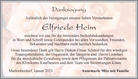 Traueranzeige von Elfriede Heim von Allgäuer Zeitung, Marktoberdorf
