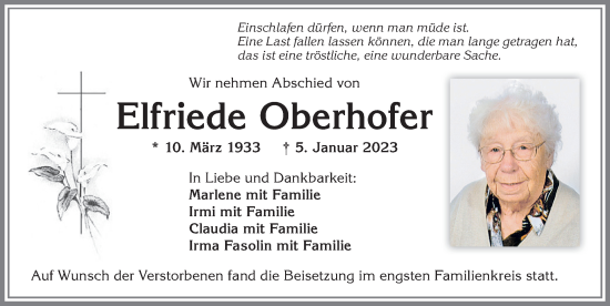 Traueranzeige von Elfriede Oberhofer von Allgäuer Zeitung, Kaufbeuren/Buchloe