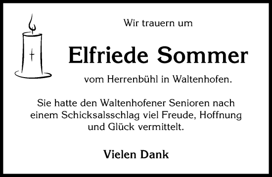 Traueranzeige von Elfriede Sommer von Allgäuer Zeitung,Kempten