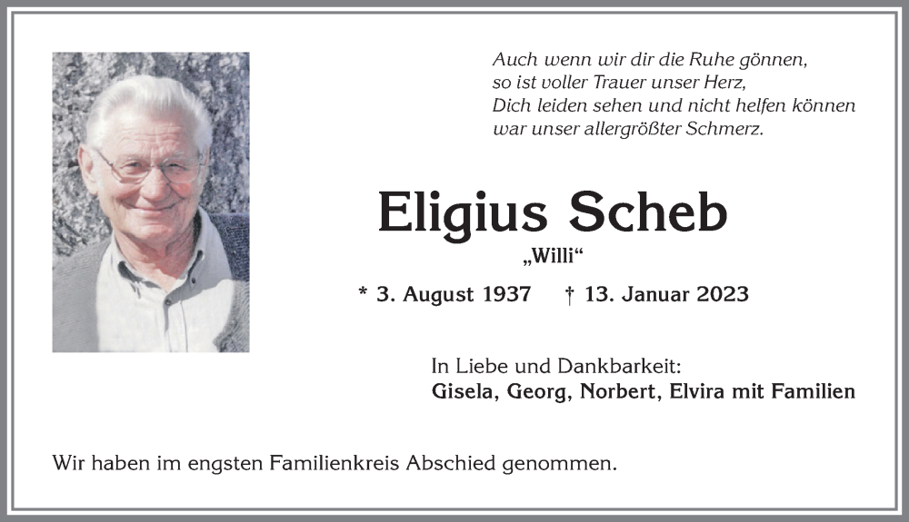  Traueranzeige für Eligius Scheb vom 28.01.2023 aus Allgäuer Anzeigeblatt