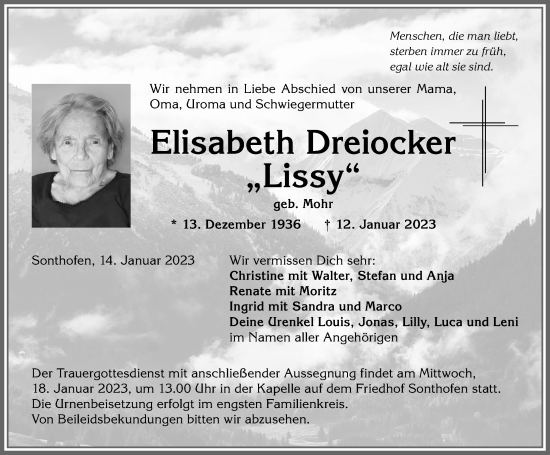 Traueranzeige von Elisabeth Dreiocker von Allgäuer Anzeigeblatt