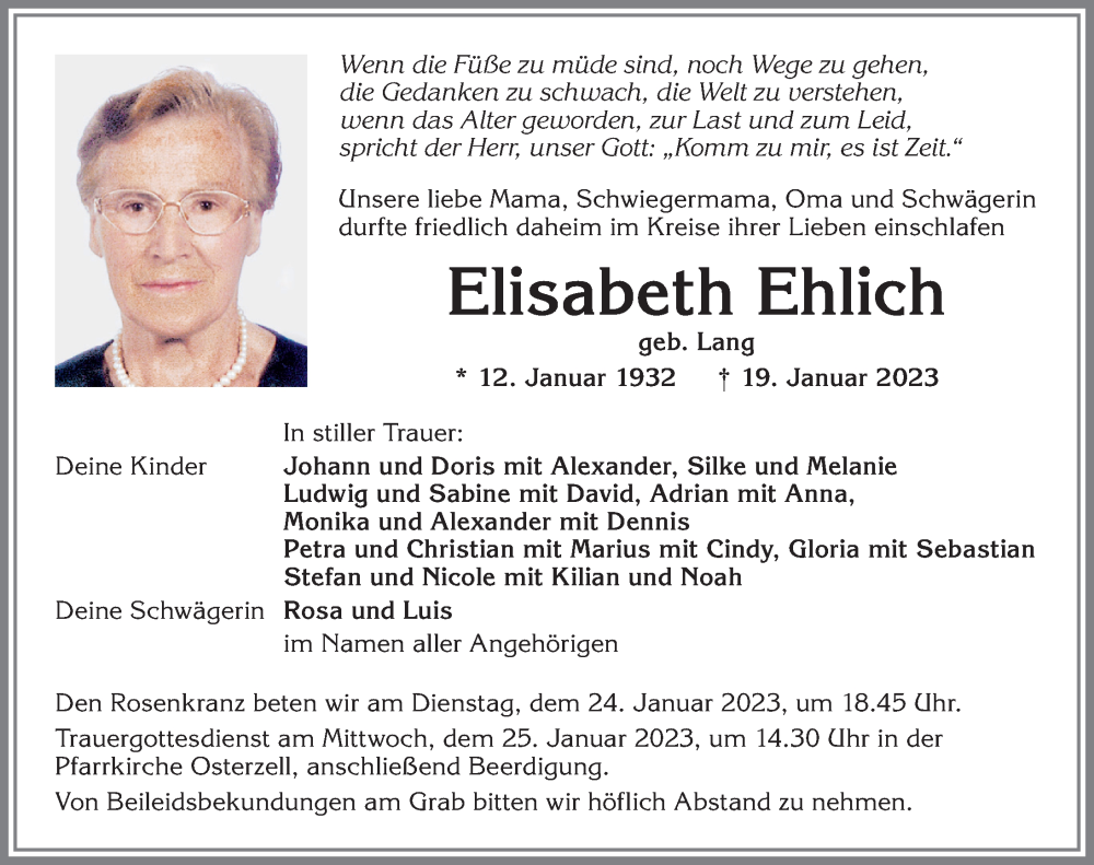  Traueranzeige für Elisabeth Ehlich vom 21.01.2023 aus Allgäuer Zeitung, Kaufbeuren/Buchloe