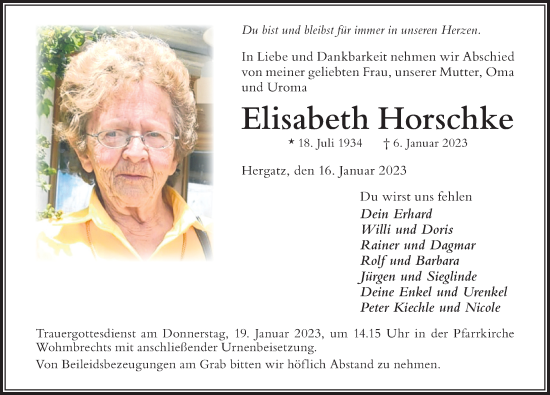 Traueranzeige von Elisabeth Horschke von Der Westallgäuer