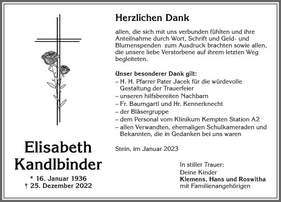 Traueranzeige von Elisabeth Kandlbinder von Allgäuer Zeitung,Kempten