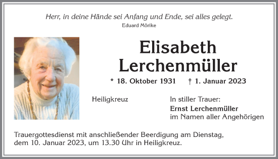 Traueranzeige von Elisabeth Lerchenmüller von Allgäuer Zeitung,Kempten