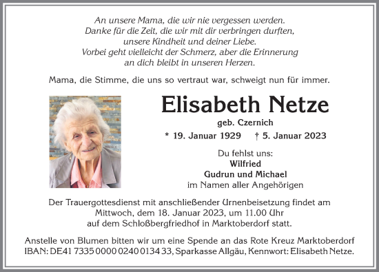 Traueranzeige von Elisabeth Netze von Allgäuer Zeitung, Marktoberdorf