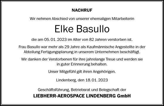 Traueranzeige von Elke Basullo von Der Westallgäuer