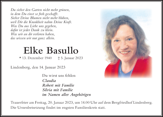 Traueranzeige von Elke Basullo von Der Westallgäuer