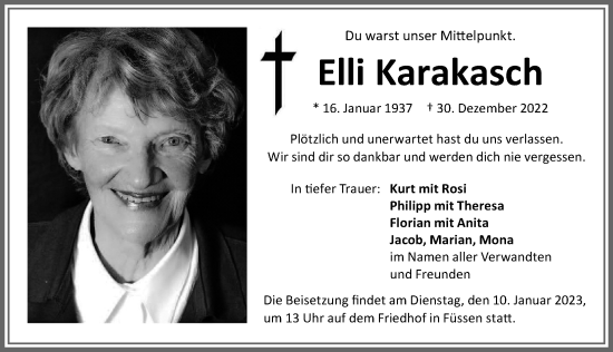 Traueranzeige von Elli Karakasch von Allgäuer Zeitung, Kaufbeuren/Buchloe