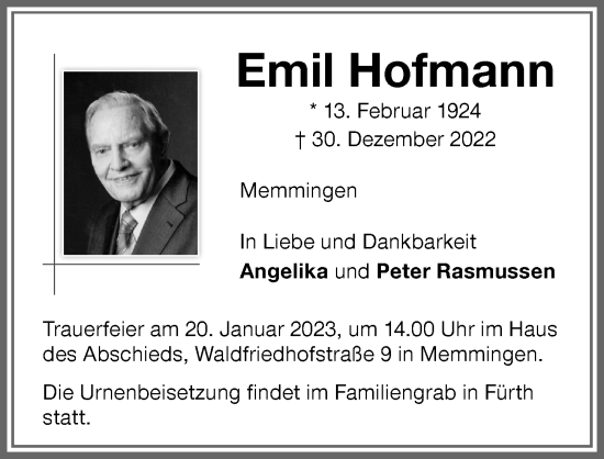 Traueranzeige von Emil Hofmann von Memminger Zeitung