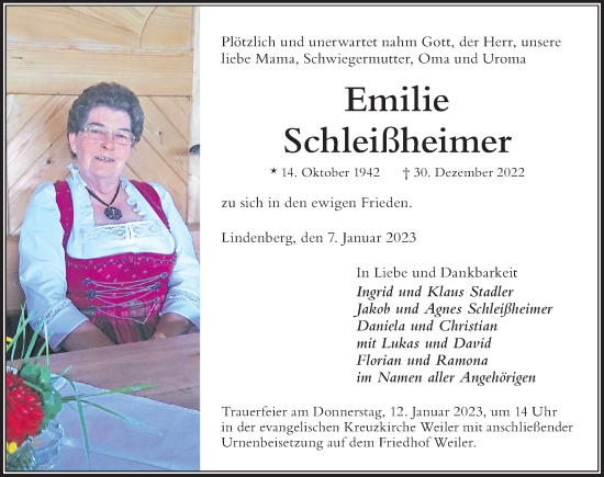 Traueranzeige von Emilie Schleißheimer von Der Westallgäuer