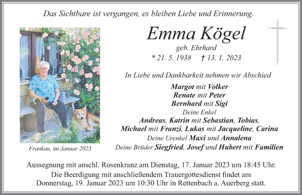  Traueranzeige für Emma Kögel vom 17.01.2023 aus Allgäuer Zeitung, Marktoberdorf
