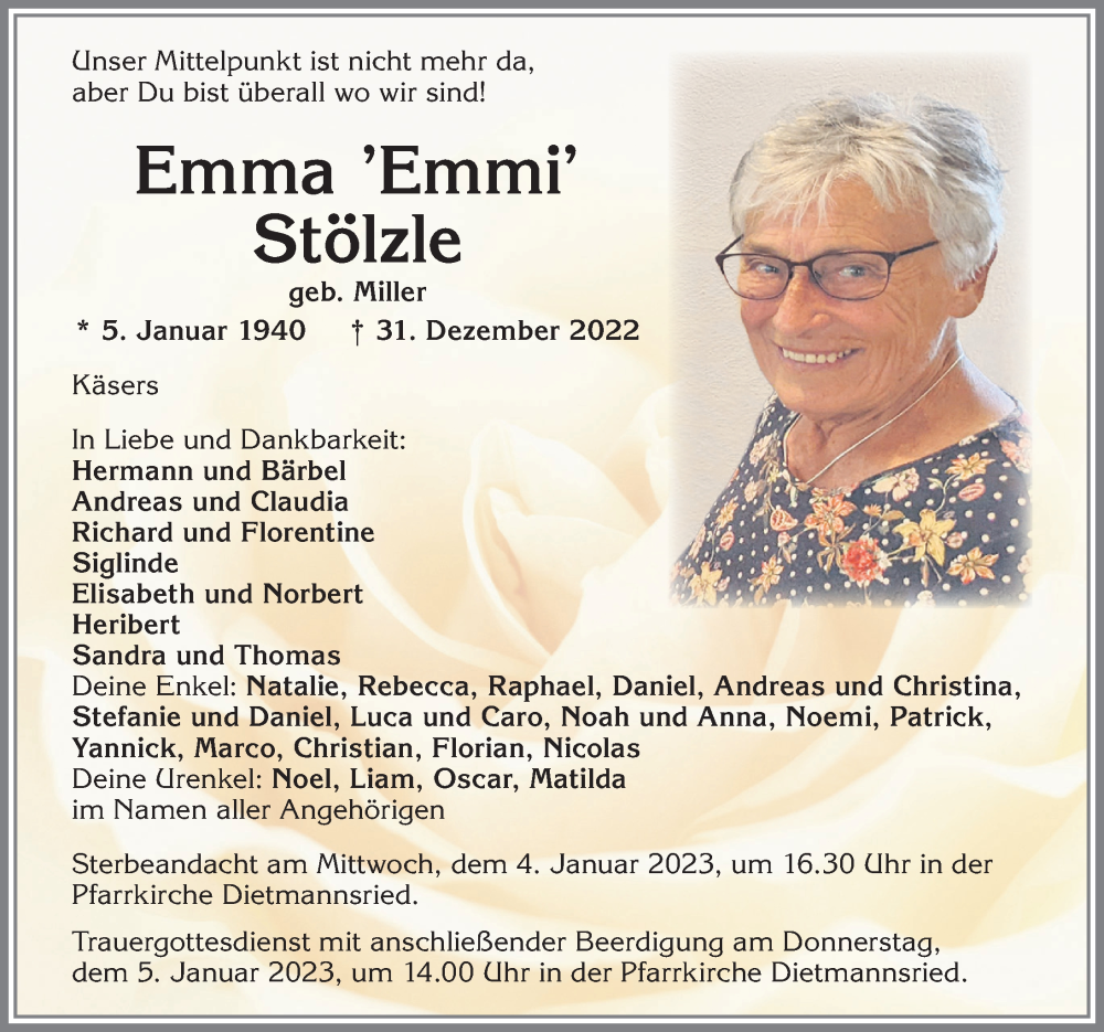  Traueranzeige für Emma Stölzle vom 03.01.2023 aus Allgäuer Zeitung,Kempten