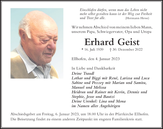 Traueranzeige von Erhard Geist von Der Westallgäuer