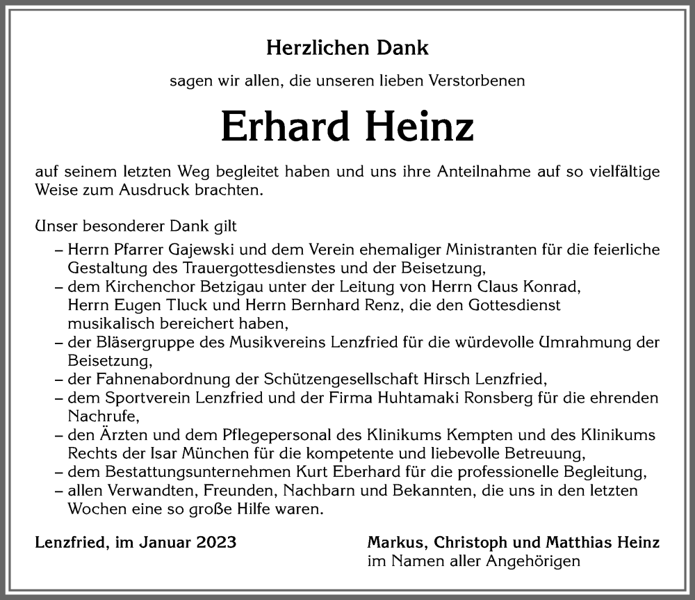  Traueranzeige für Erhard Heinz vom 25.01.2023 aus Allgäuer Zeitung,Kempten
