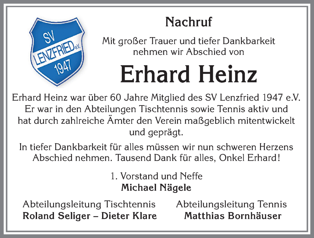 Traueranzeige für Erhard Heinz vom 14.01.2023 aus Allgäuer Zeitung,Kempten