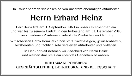 Traueranzeige von Erhard Heinz von Allgäuer Zeitung,Kempten