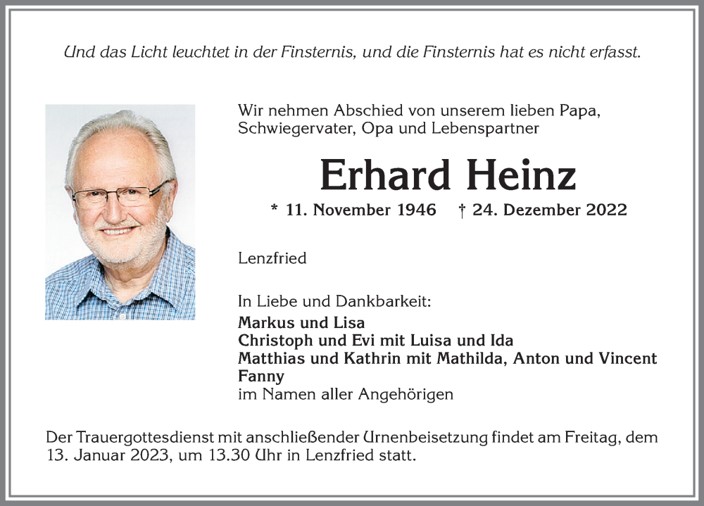  Traueranzeige für Erhard Heinz vom 10.01.2023 aus Allgäuer Zeitung,Kempten